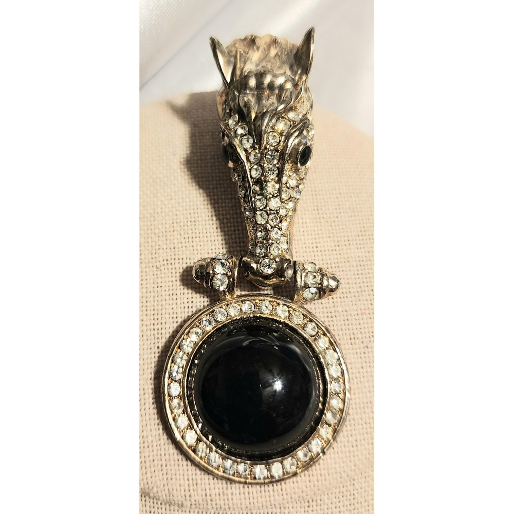 VTG Nina Ricci Horse Head Door Knocker Brooch  Rhinestone 1980s READ NOTE
